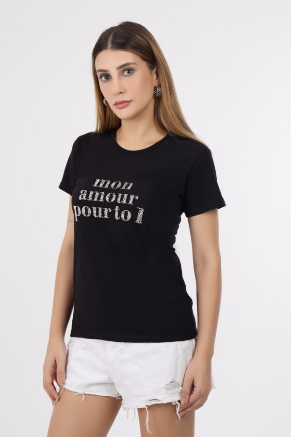 Wineberry Women’s Black Round Neck Chest Printed Cotton Tee – Comfortable 100% Sinker Fabric