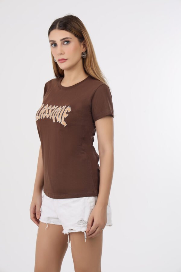 Wineberry Women’s Coffee Round Neck Chest Printed Cotton Tee – Comfortable 100% Sinker Fabric