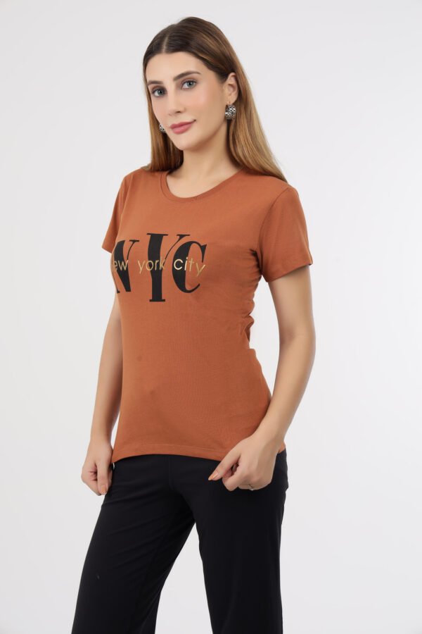 Wineberry Women’s Tan Round Neck Chest Printed Cotton Tee – Comfortable 100% Sinker Fabric