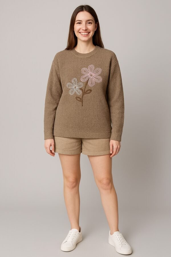 WINEBERRY Women Abstract Stylized Flowers Printed Long Sleeve Sweatshirt 100 % Chenille knit