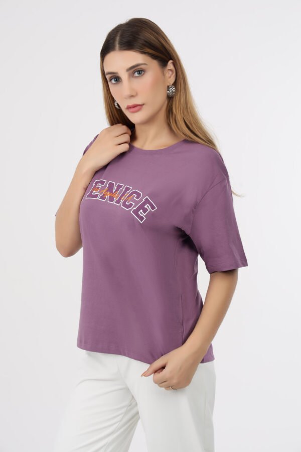 Wineberry Women’s Light Mauve Round Neck Chest Printed Cotton Tee – 100% Cotton Sinker Heavy GSM Fabric