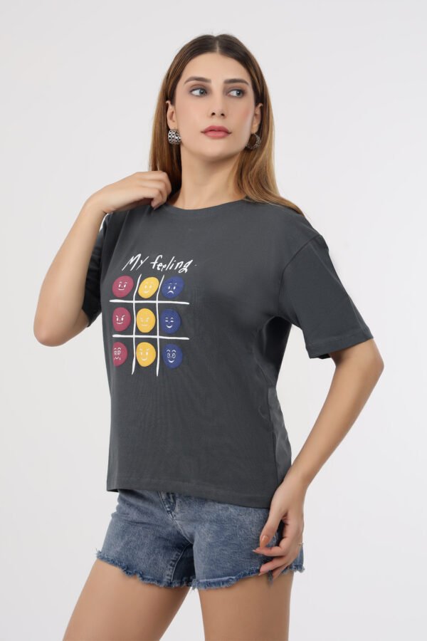 Wineberry Women’s Dark Grey Round Neck T-Shirt Printed – Comfortable 100% Sinker Fabric