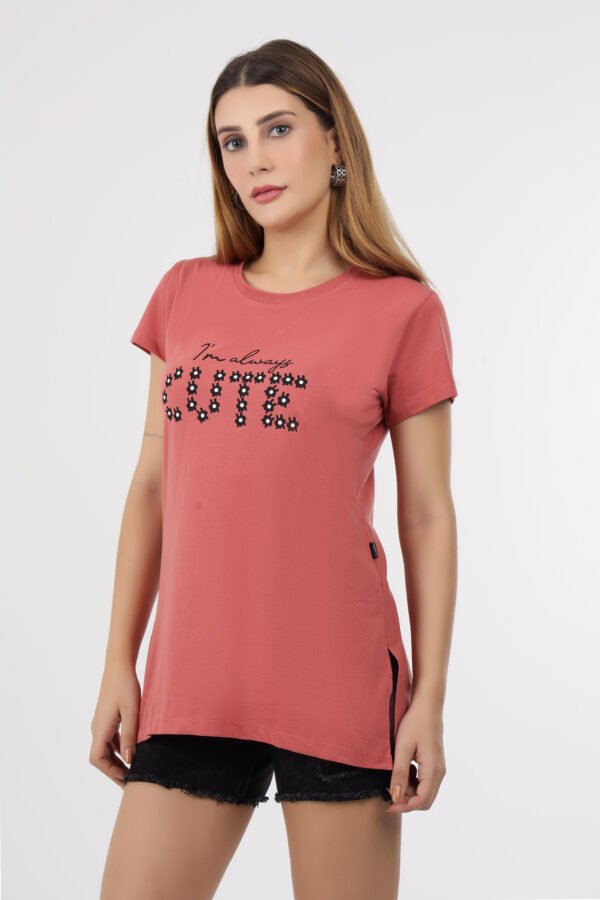 Wineberry Women’s Coral Round Neck Chest Printed Cotton Tee – Cotton Rich Sinker