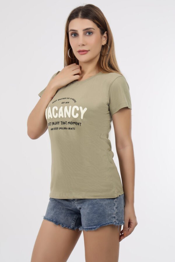 Wineberry Women’s Lite Olive Round Neck Chest Printed Cotton Tee – Comfortable 100% Sinker Fabric