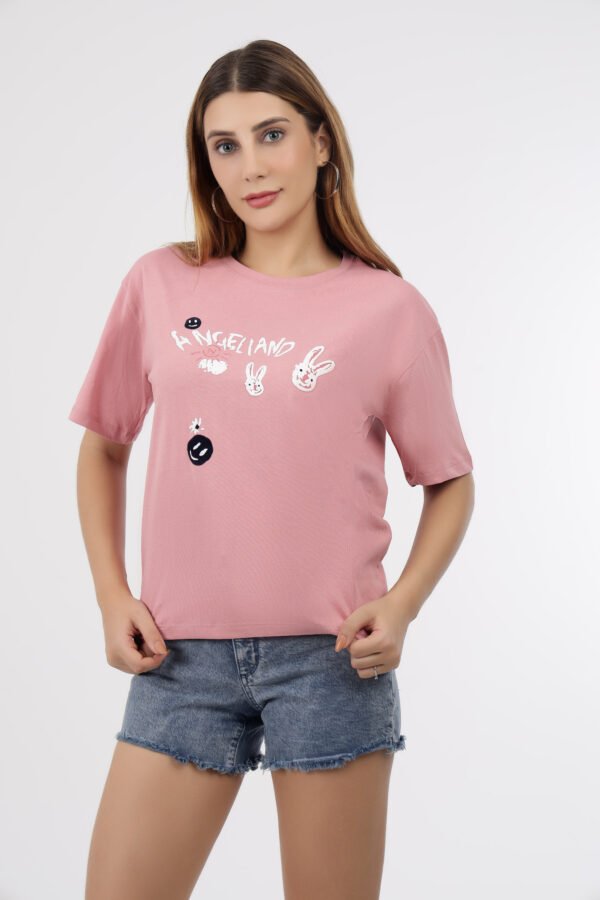 Wineberry Women’s Dull Pink Round Neck T-Shirt Printed – Comfortable 100% Sinker Fabric