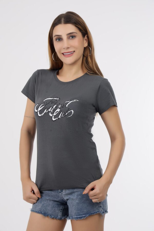 Wineberry Women’s Dark Grey Round Neck Chest Printed Cotton Tee – Comfortable 100% Sinker Fabric