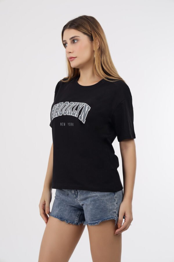 Wineberry Women’s Black Round Neck Chest Printed Cotton Tee – 100% Cotton Sinker Heavy GSM Fabric