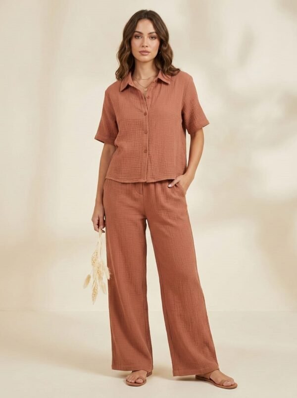 WINEBERRY Women's Stylish two-piece lounge set Crushed Double Fabric Weave